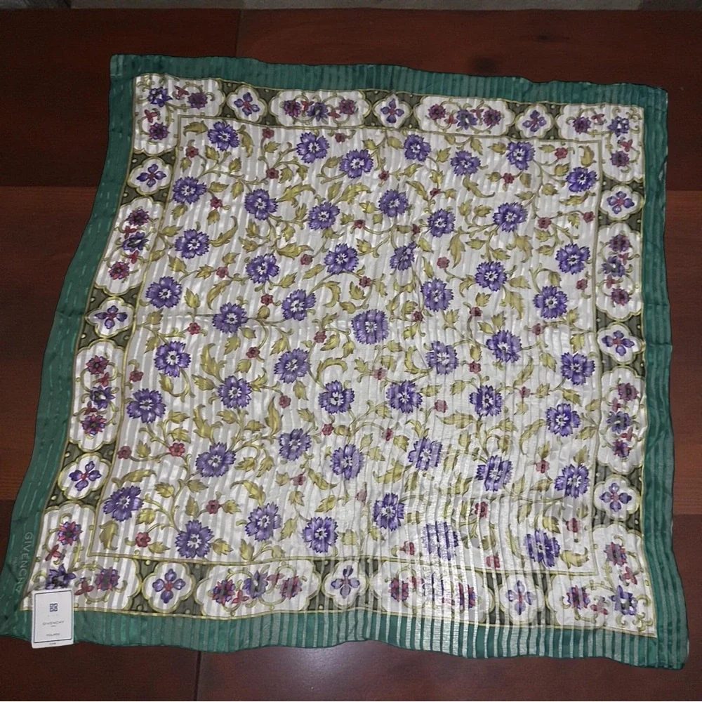 Givenchy NEW! 100% SILK scarf purple green floral striped original Tag Luxury - Picture 2 of 8